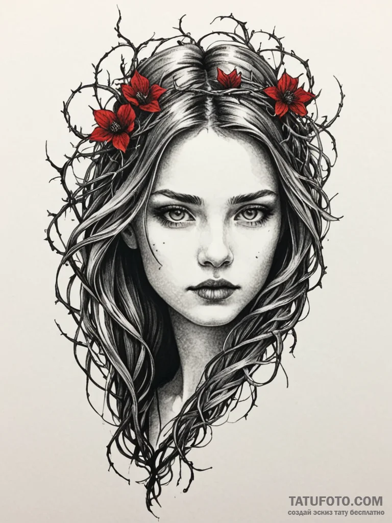A girl whose hair is made of thorny vines, co... - эскиз тату (№1752077242_0, 09.07.2025 16:07) — Tatufoto.com