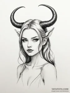 A girl with her hair styled into two horns, l... - эскиз тату (№1752077326_0, 09.07.2025 16:08) — Tatufoto.com