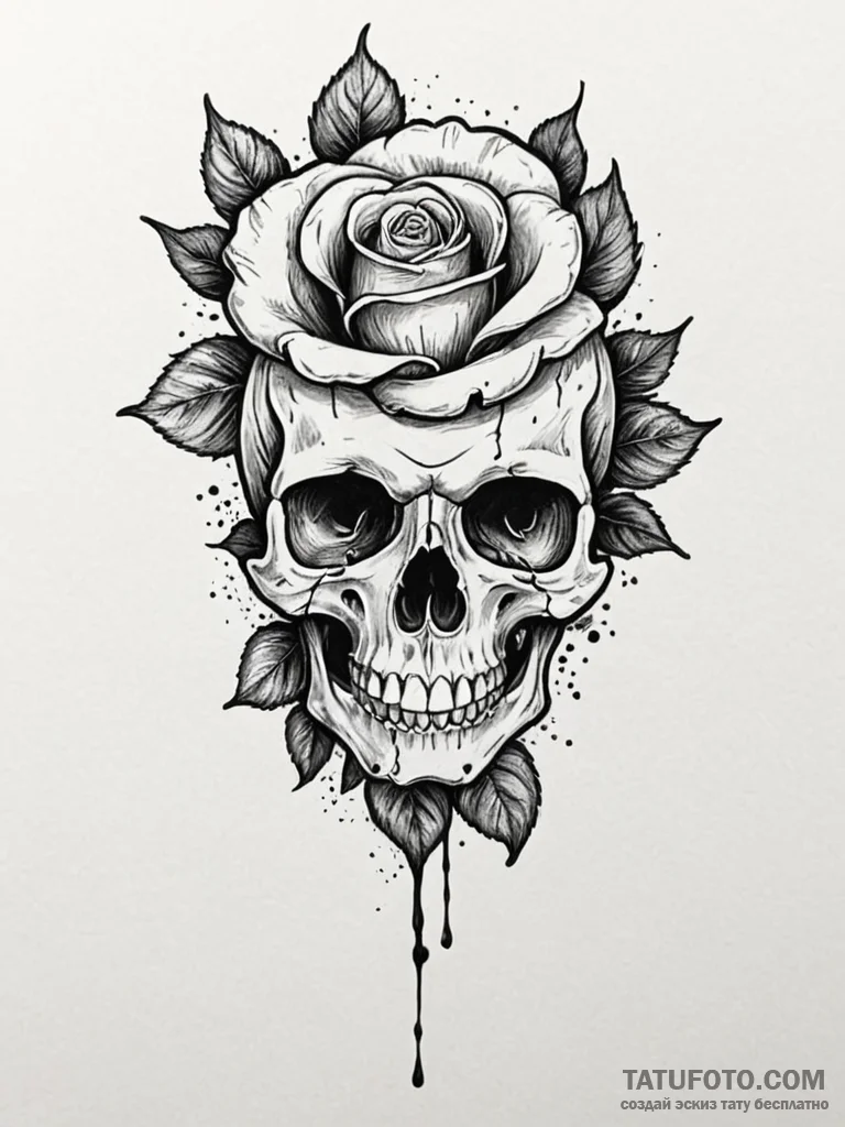 A skull, with a single, perfect, red rose gro... - эскиз тату (№1752078326_0, 09.07.2025 16:25) — Tatufoto.com