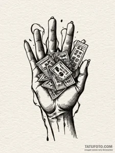 A drawing of a hand holding a losing lottery... - эскиз тату (№1752078745_0, 09.07.2025 16:32) — Tatufoto.com