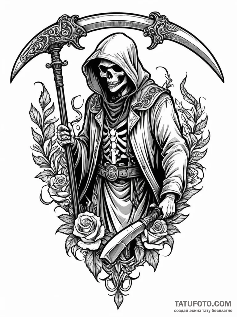 A beautiful, ornate scythe, the tool of the g... - эскиз тату (№1752079498_0, 09.07.2025 16:44) — Tatufoto.com