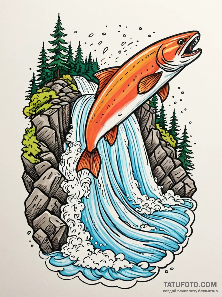 A powerful migratory salmon, leaping up a wat... - эскиз тату (№1752079914_0, 09.07.2025 16:51) — Tatufoto.com