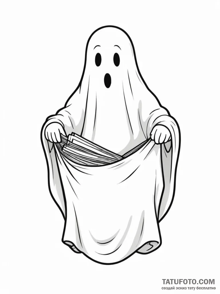 A cartoon ghost with empty pockets turned ins... - эскиз тату (№1752080248_0, 09.07.2025 16:57) — Tatufoto.com