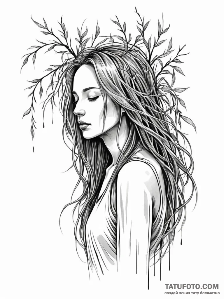 A woman whose flowing hair is the branches of... - эскиз тату (№1752080415_0, 09.07.2025 17:00) — Tatufoto.com