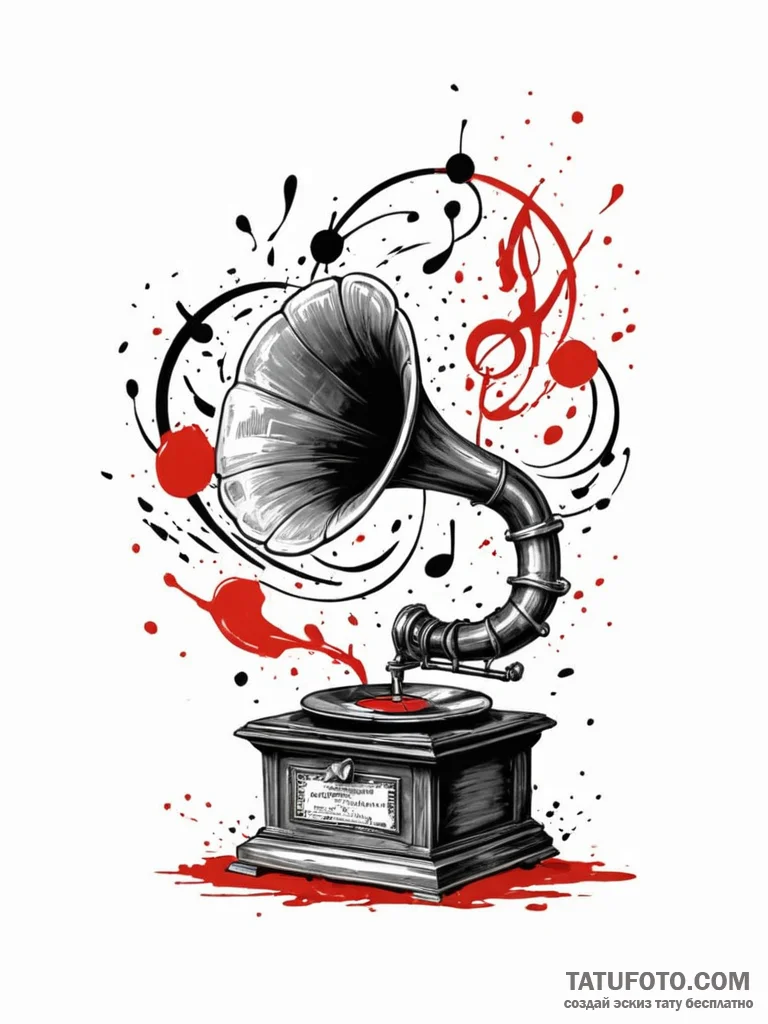 A realistic gramophone, its horn is spewing a... - эскиз тату (№1752080748_0, 09.07.2025 17:05) — Tatufoto.com