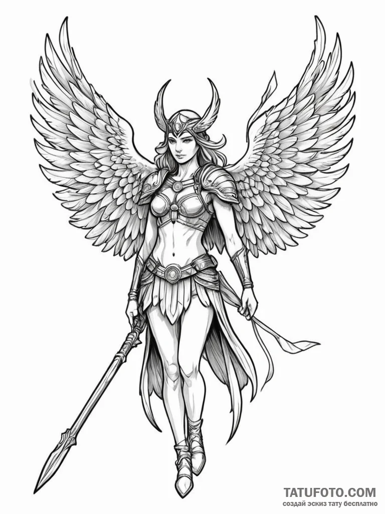 A valkyrie with magnificent feathered wings a... - эскиз тату (№1752081665_0, 09.07.2025 17:21) — Tatufoto.com