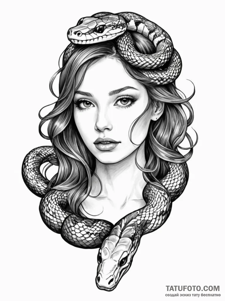 A woman's face, with a beautiful snake coilin... - эскиз тату (№1752082258_0, 09.07.2025 17:30) — Tatufoto.com