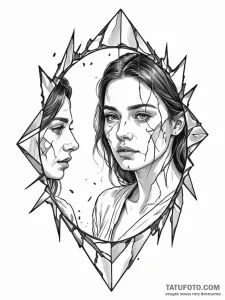 A woman looking at her reflection in a shatte... - эскиз тату (№1752083380_0, 09.07.2025 17:49) — Tatufoto.com