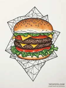 A drawing of a fast-food burger in a crumpled... - эскиз тату (№1752084044_0, 09.07.2025 18:00) — Tatufoto.com