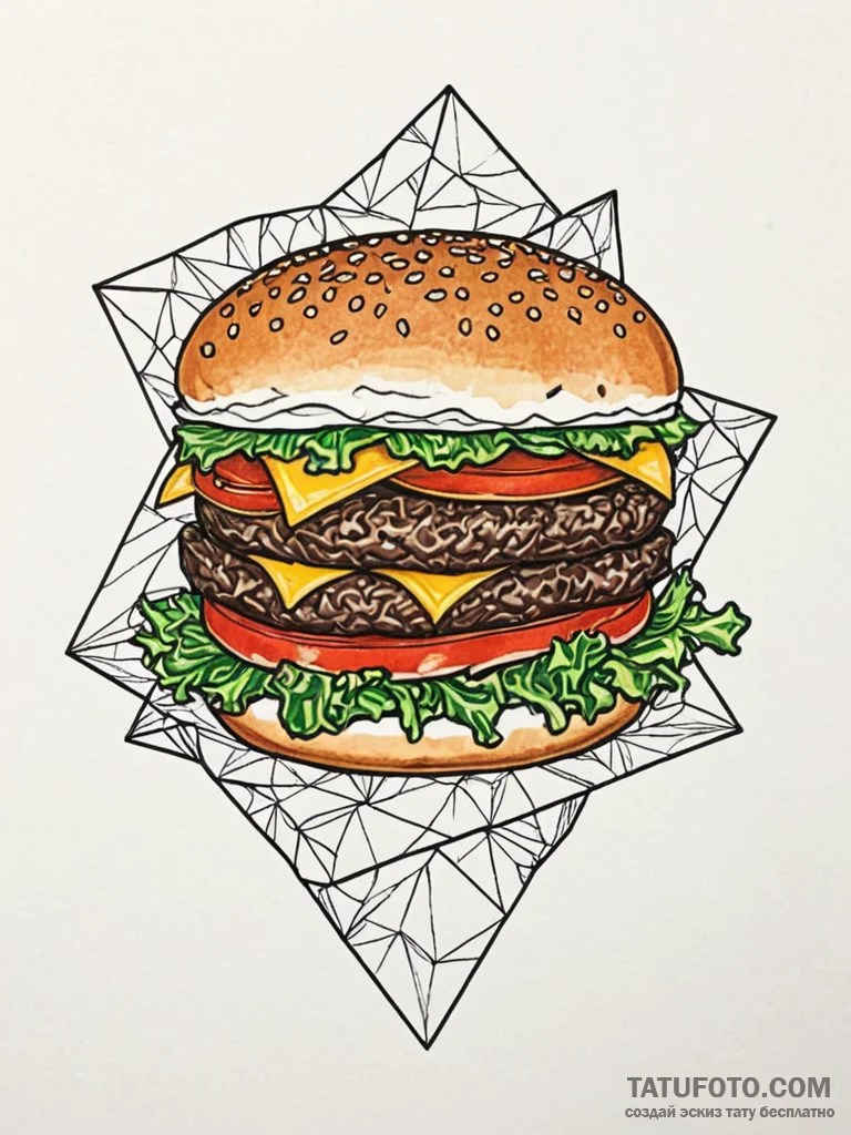 A drawing of a fast-food burger in a crumpled... - эскиз тату (№1752084044_0, 09.07.2025 18:00) — Tatufoto.com