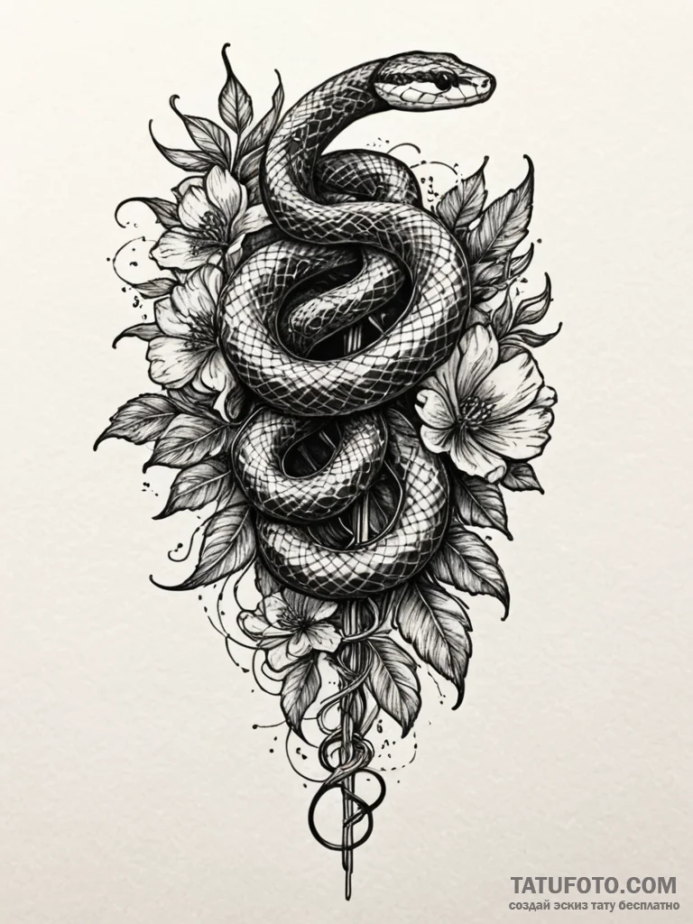 A snake, its body made of beautiful, dark flo... - эскиз тату (№1752084880_0, 09.07.2025 18:14) — Tatufoto.com