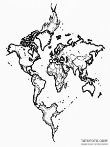 A world map, but it's on fire, with red and b... - эскиз тату (№1752085627_0, 09.07.2025 18:27) — Tatufoto.com