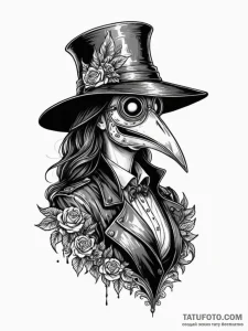 A beautiful woman wearing a plague doctor mas... - эскиз тату (№1752085710_0, 09.07.2025 18:28) — Tatufoto.com