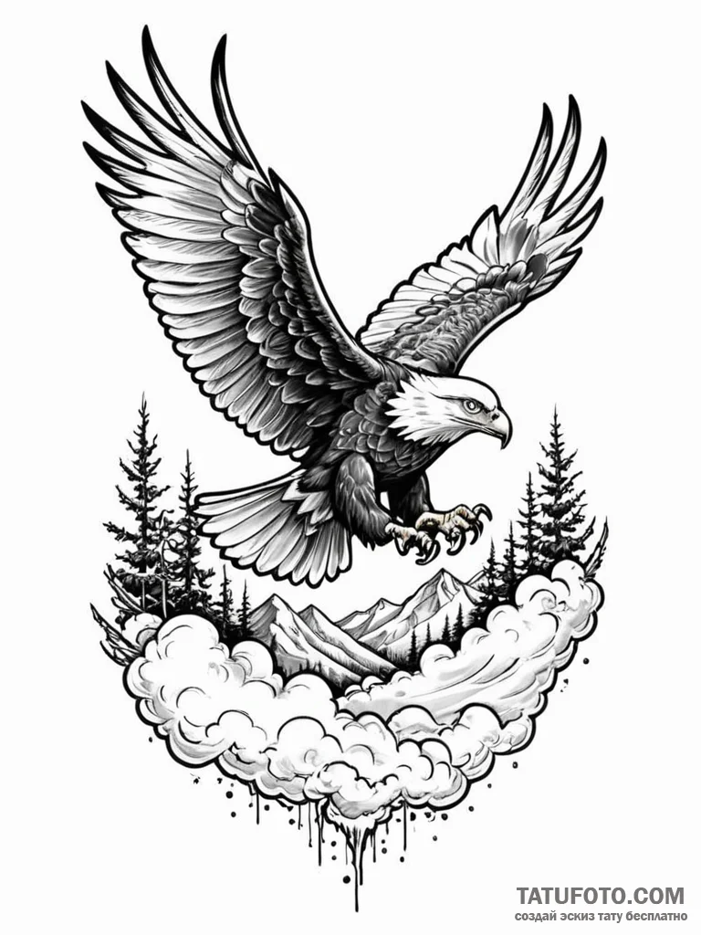 A powerful eagle, soaring high above the clou... - эскиз тату (№1752087469_0, 09.07.2025 18:57) — Tatufoto.com