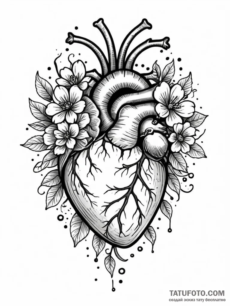 A human heart, with a small, blossoming flowe… — эскиз тату (№1752088641_0, 09.07.2025 19:17) — Tatufoto.com