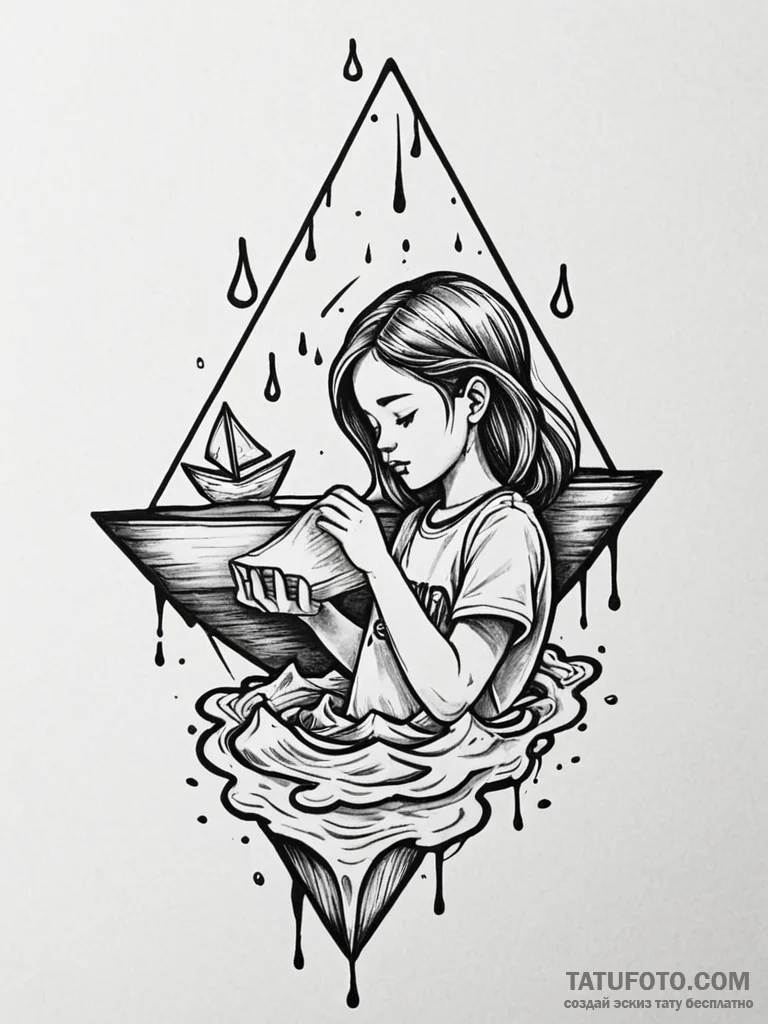 A girl whose tears are creating a small puddl... - эскиз тату (№1752088893_0, 09.07.2025 19:21) — Tatufoto.com