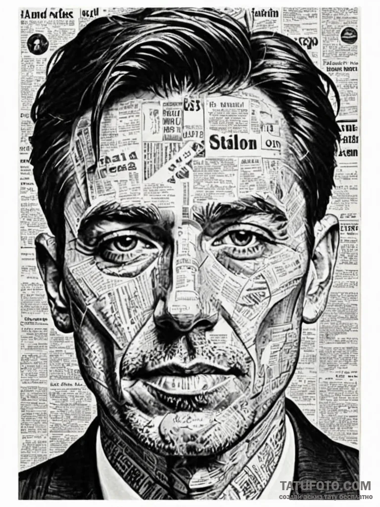 A portrait of a man, his face is a collage of... - эскиз тату (№1752089226_0, 09.07.2025 19:27) — Tatufoto.com