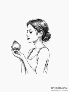 A girl holding a single, perfect seashell to... - эскиз тату (№1752089310_0, 09.07.2025 19:28) — Tatufoto.com