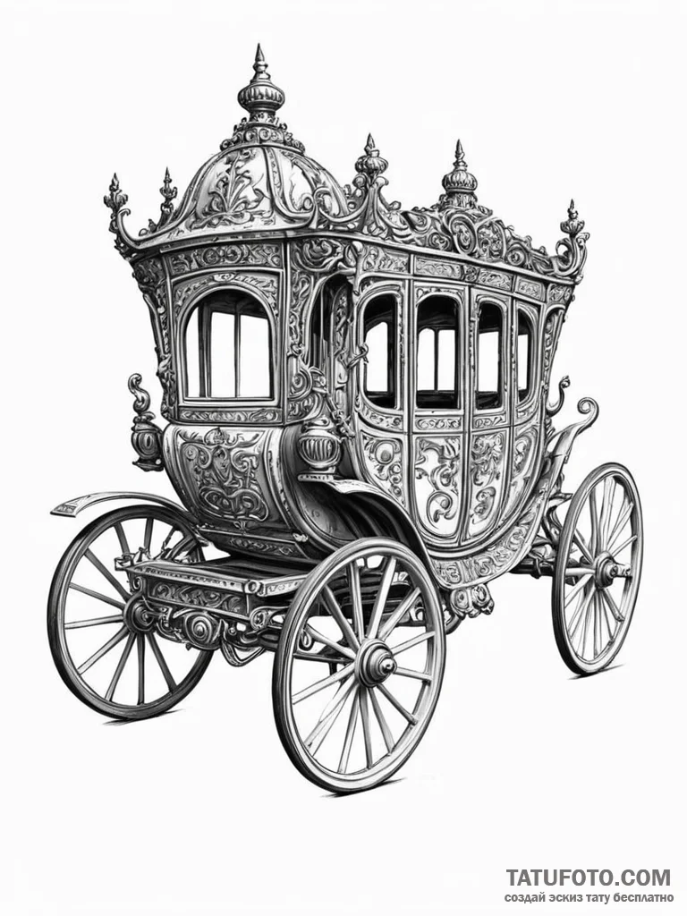 A beautiful, ornate antique carriage, artisti… — эскиз тату (№1752091336_0, 09.07.2025 20:02) — Tatufoto.com