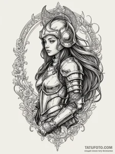 A woman in knight's armor, taking off her hel... - эскиз тату (№1752091421_0, 09.07.2025 20:03) — Tatufoto.com