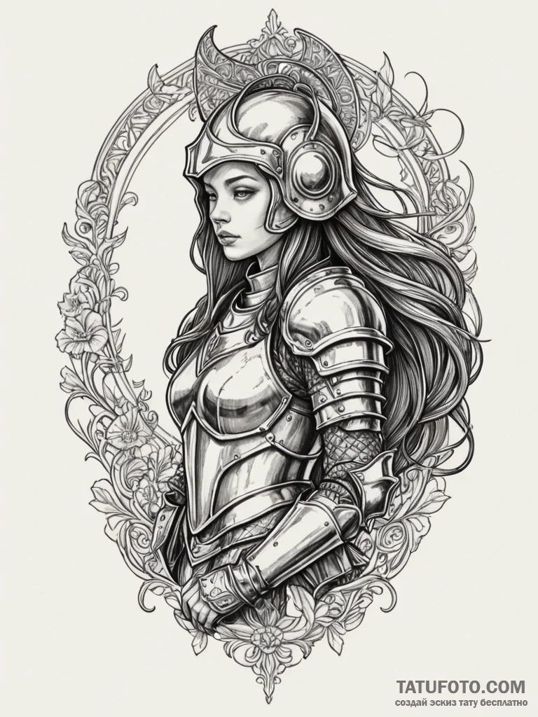 A woman in knight’s armor, taking off her hel… — эскиз тату (№1752091421_0, 09.07.2025 20:03) — Tatufoto.com