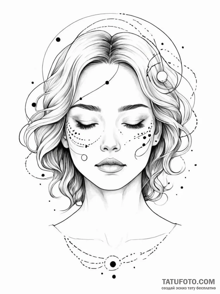 A woman whose eyes are closed, with a univers... - эскиз тату (№1752091591_0, 09.07.2025 20:06) — Tatufoto.com