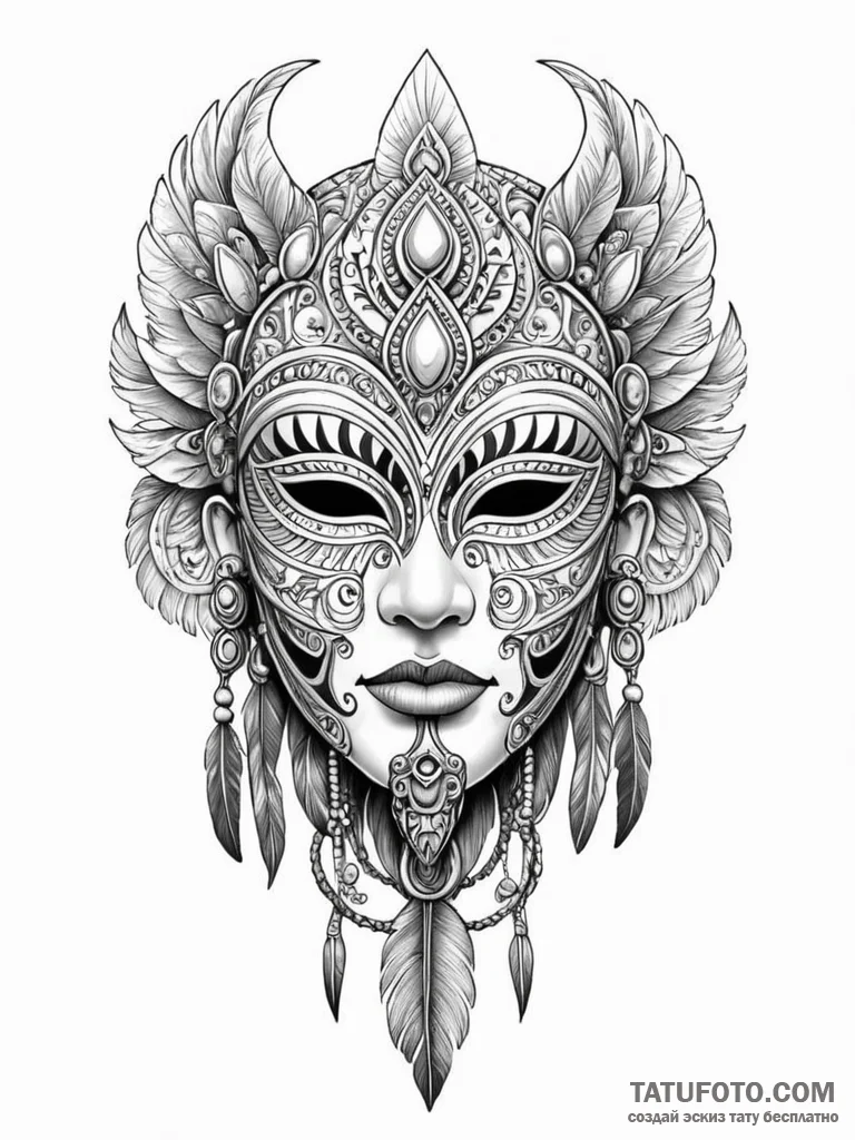 A beautiful, ornate war mask from a forgotten... - эскиз тату (№1752092429_0, 09.07.2025 20:20) — Tatufoto.com