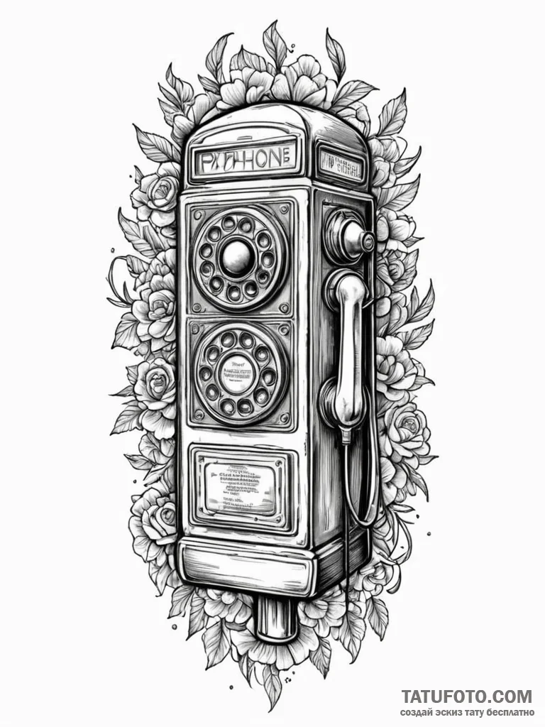 A drawing of a payphone, off the hook, ink il… — эскиз тату (№1752094060_0, 09.07.2025 20:47) — Tatufoto.com
