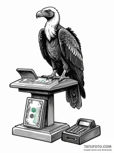 A vulture, perched on a cash register - эскиз тату (№1752095158_0, 09.07.2025 21:05) — Tatufoto.com