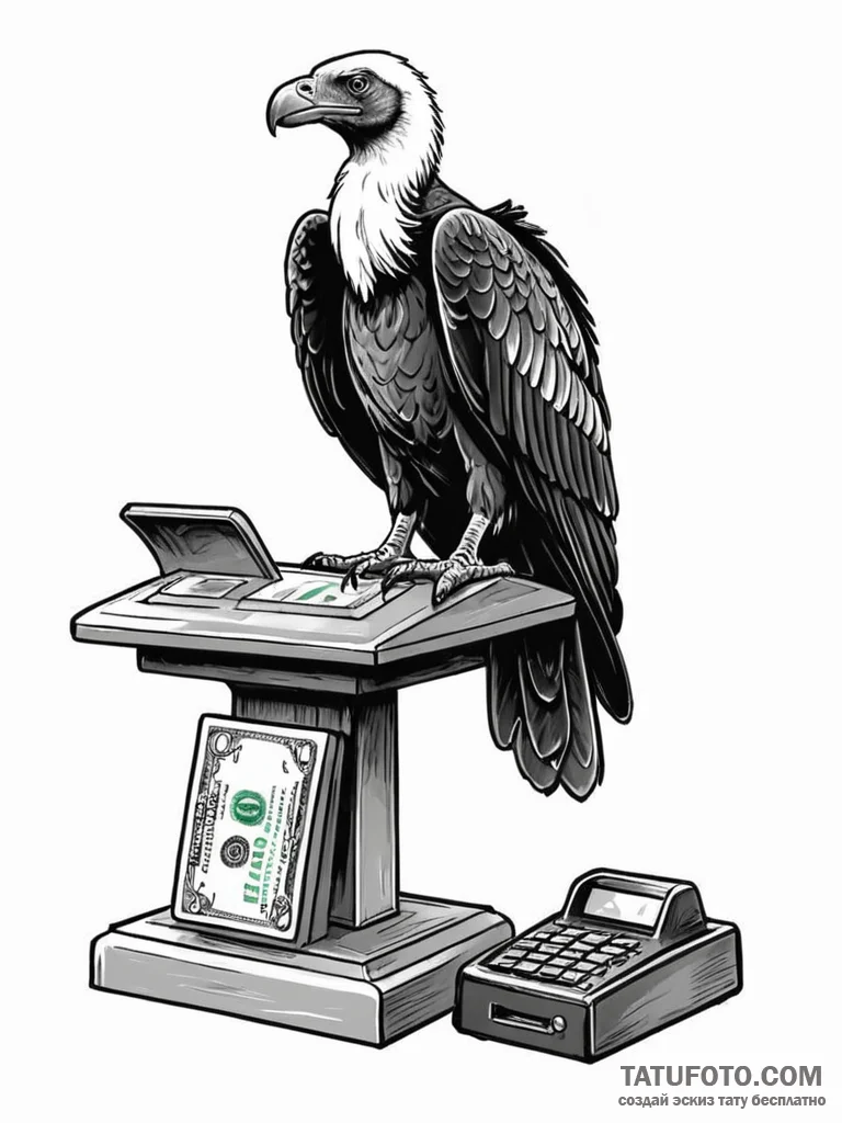 A vulture, perched on a cash register - эскиз тату (№1752095158_0, 09.07.2025 21:05) — Tatufoto.com