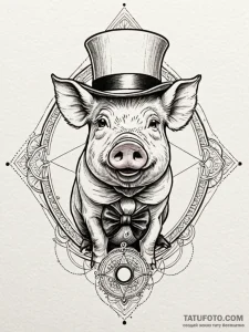 A pig, wearing a monocle and a top hat, tatto... - эскиз тату (№1752095413_0, 09.07.2025 21:10) — Tatufoto.com