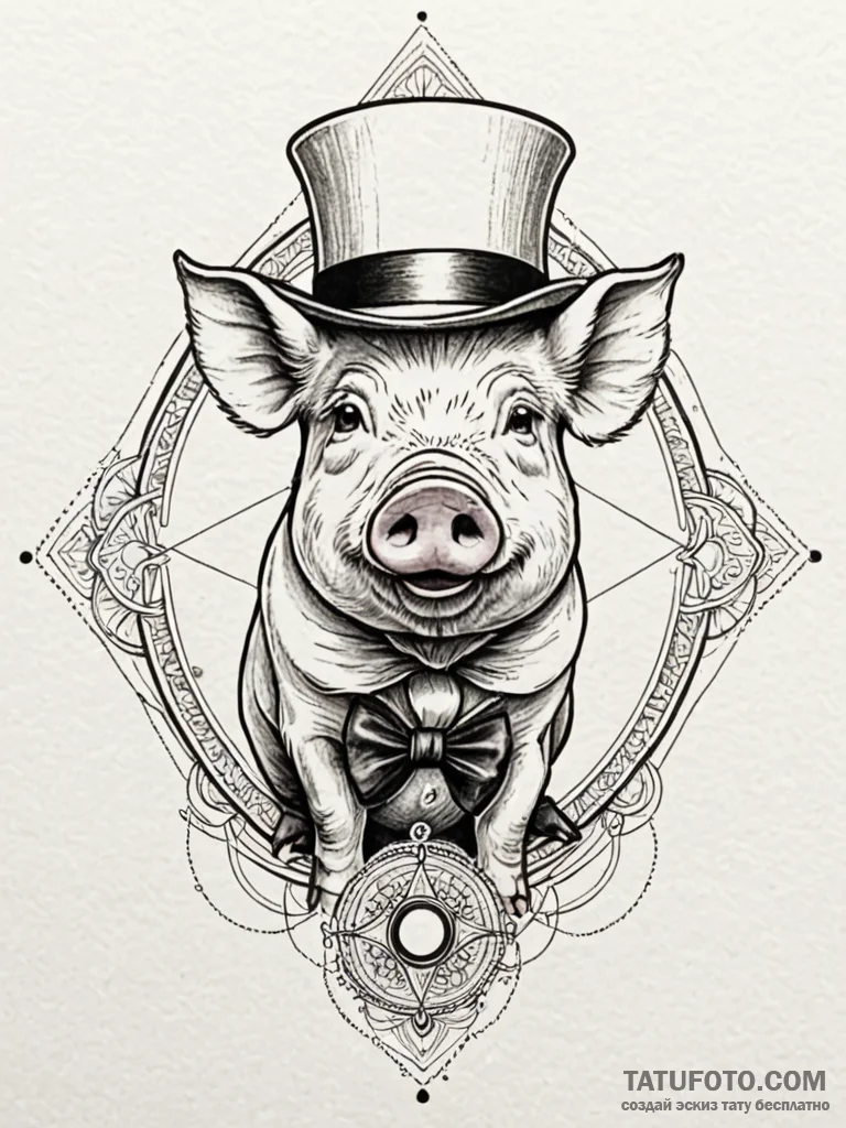 A pig, wearing a monocle and a top hat, tatto... - эскиз тату (№1752095413_0, 09.07.2025 21:10) — Tatufoto.com