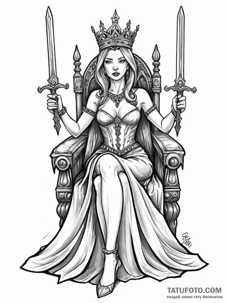 A woman as a queen, sitting on a throne made... - эскиз тату (№1752095496_0, 09.07.2025 21:11) — Tatufoto.com