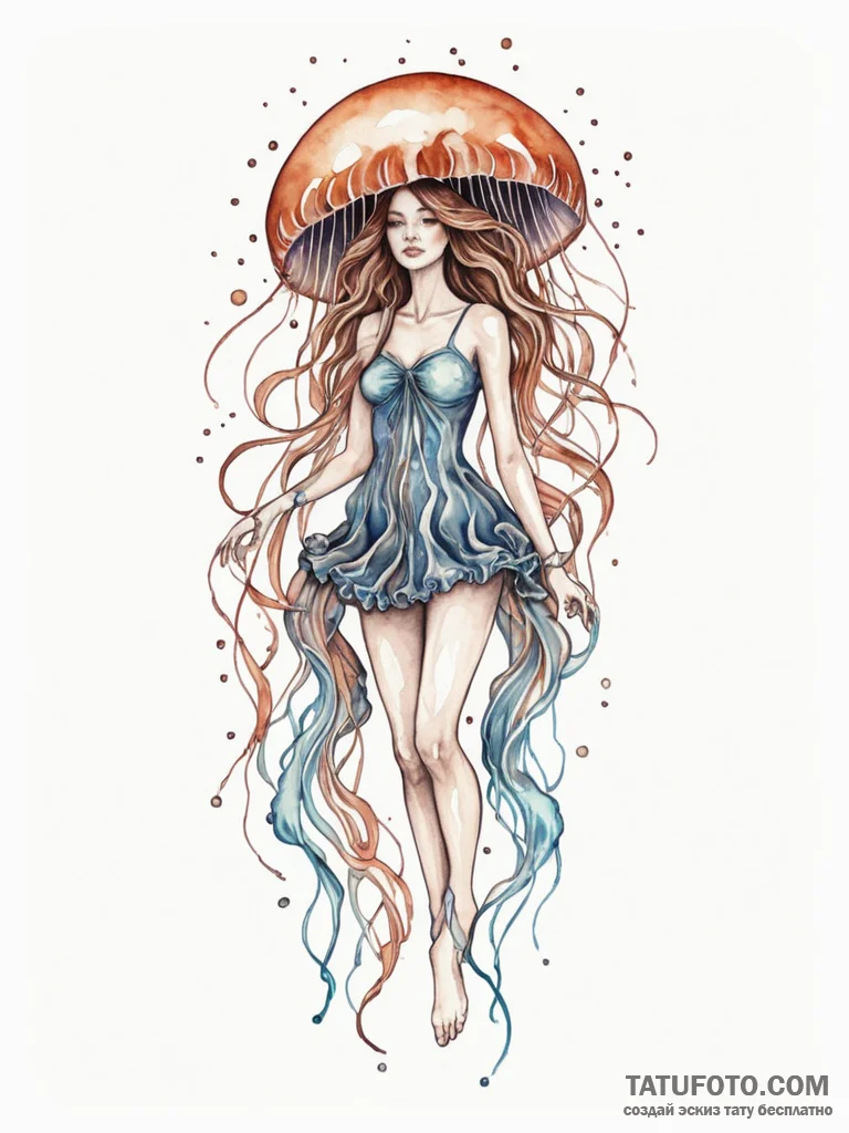 A woman surrounded by floating, spectral jell... - эскиз тату (№1752095666_0, 09.07.2025 21:14) — Tatufoto.com