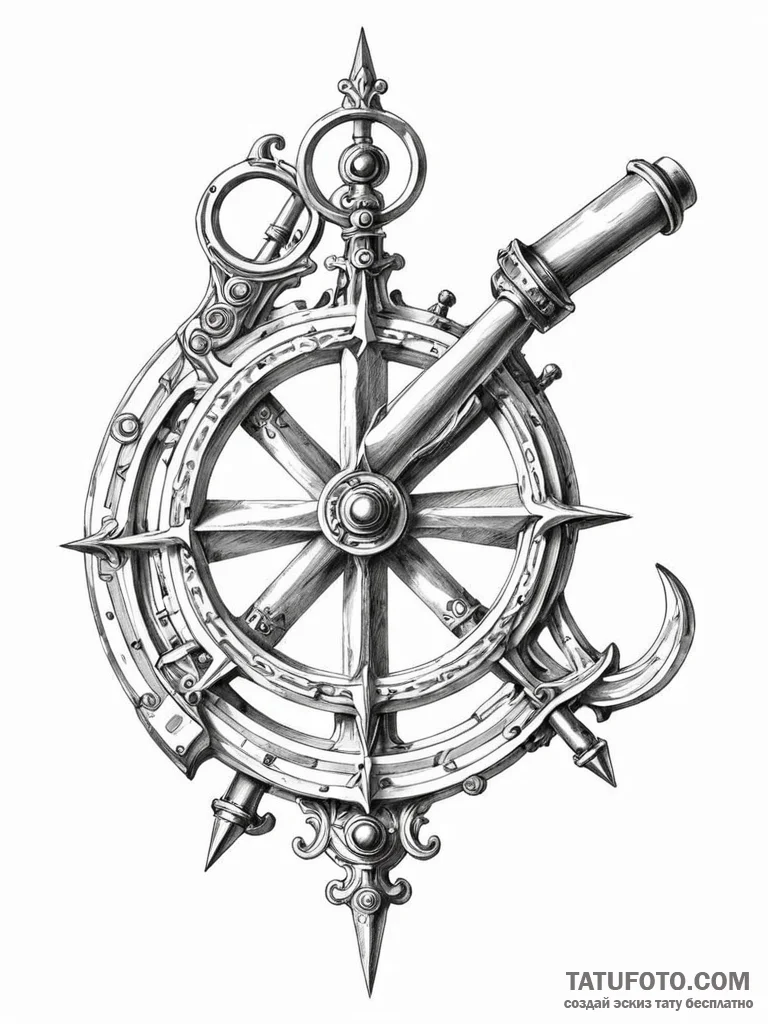 A beautiful, ornate sextant, a tool for navig… — эскиз тату (№1752095920_0, 09.07.2025 21:18) — Tatufoto.com