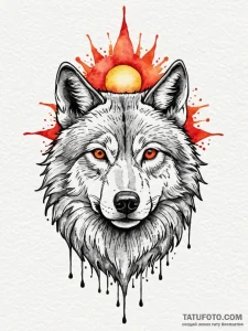 A portrait of a wolf, with a red, abstract su... - эскиз тату (№1752096261_0, 09.07.2025 21:24) — Tatufoto.com