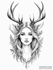 A beautiful woman with antlers like a deer, a... - эскиз тату (№1752099347_0, 09.07.2025 22:15) — Tatufoto.com