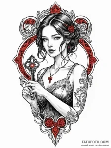 A woman holding a single, glowing key, tattoo... - эскиз тату (№1752099864_0, 09.07.2025 22:24) — Tatufoto.com