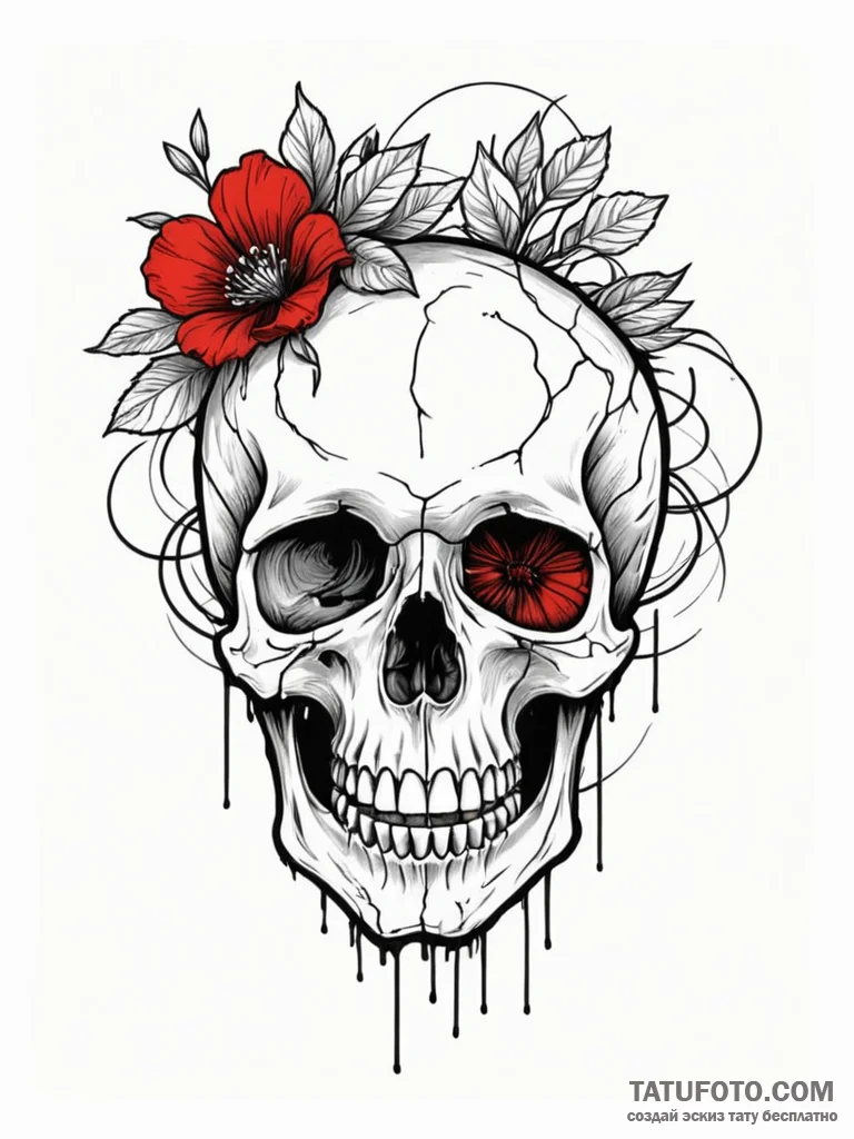 A skull, with a single, red flower growing fr... - эскиз тату (№1752099950_0, 09.07.2025 22:25) — Tatufoto.com