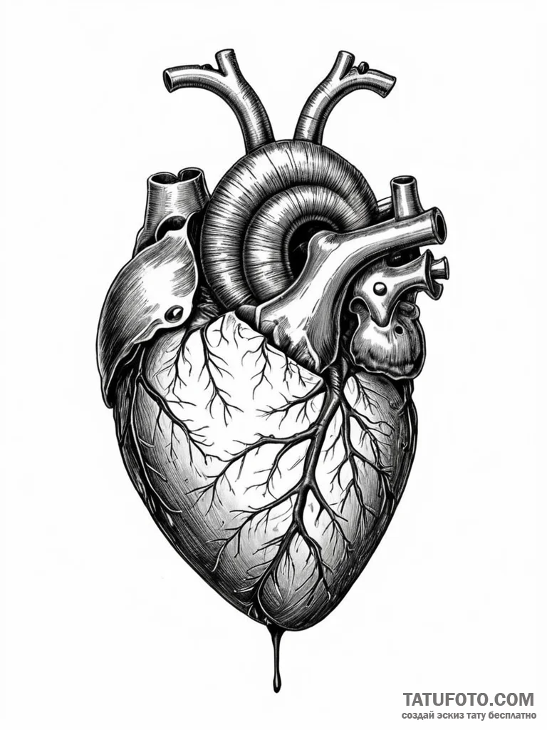 A realistic human heart, with a single, black... - эскиз тату (№1752100204_0, 09.07.2025 22:30) — Tatufoto.com