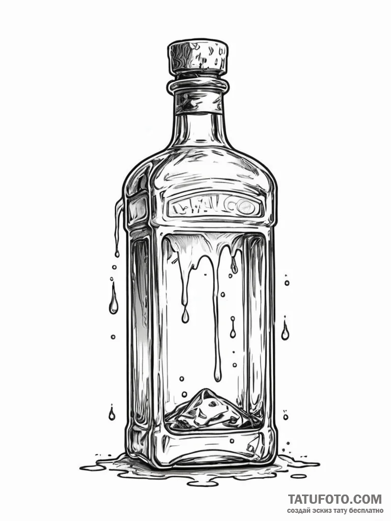 A drawing of a leaking bottle of cheap liquor - эскиз тату (№1752100877_0, 09.07.2025 22:41) — Tatufoto.com