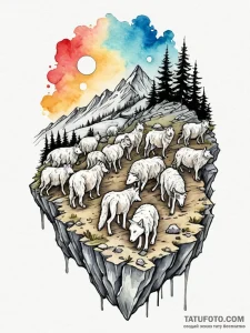 A wolf, leading a flock of sheep off a cliff,... - эскиз тату (№1752101333_0, 09.07.2025 22:48) — Tatufoto.com