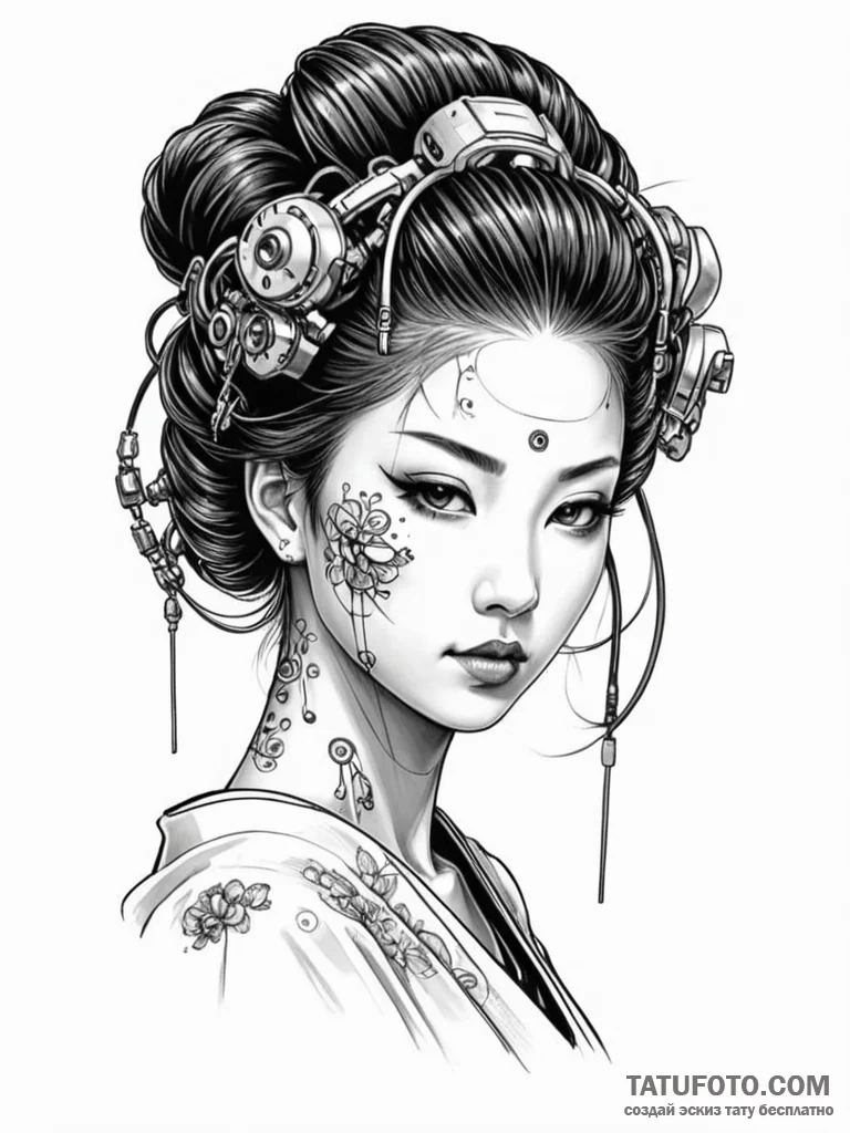 A geisha girl with cybernetic implants on her… — эскиз тату (№1752101416_0, 09.07.2025 22:50) — Tatufoto.com