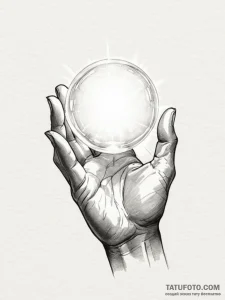 A human hand, holding a single, glowing orb o... - эскиз тату (№1752102420_0, 09.07.2025 23:07) — Tatufoto.com