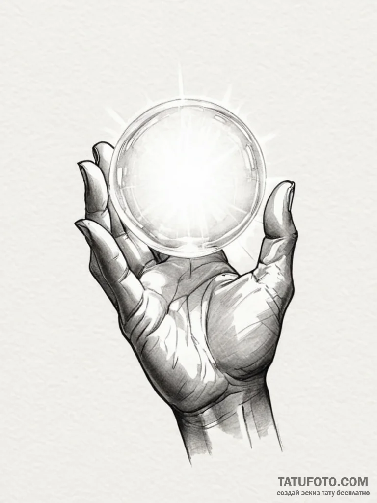 A human hand, holding a single, glowing orb o... - эскиз тату (№1752102420_0, 09.07.2025 23:07) — Tatufoto.com