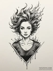 A woman whose hair is a fiery explosion, tatt... - эскиз тату (№1752102505_0, 09.07.2025 23:08) — Tatufoto.com