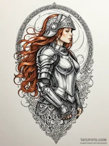 A woman in knight's armor, taking off her hel... - эскиз тату (№1752103842_0, 09.07.2025 23:30) — Tatufoto.com
