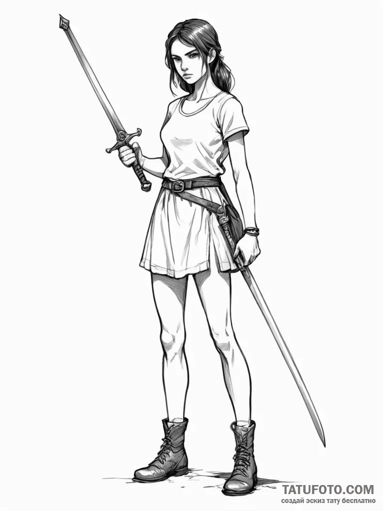 A girl holding a broken sword, with a determi… — эскиз тату (№1752104009_0, 09.07.2025 23:33) — Tatufoto.com