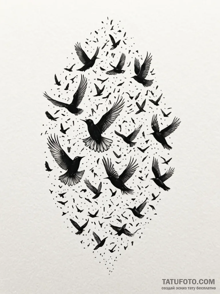 A beautiful, strong flock of starlings, movin… — эскиз тату (№1752104092_0, 09.07.2025 23:34) — Tatufoto.com