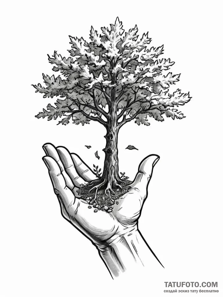 A hand, planting a single seed from which a g... - эскиз тату (№1752104342_0, 09.07.2025 23:39) — Tatufoto.com